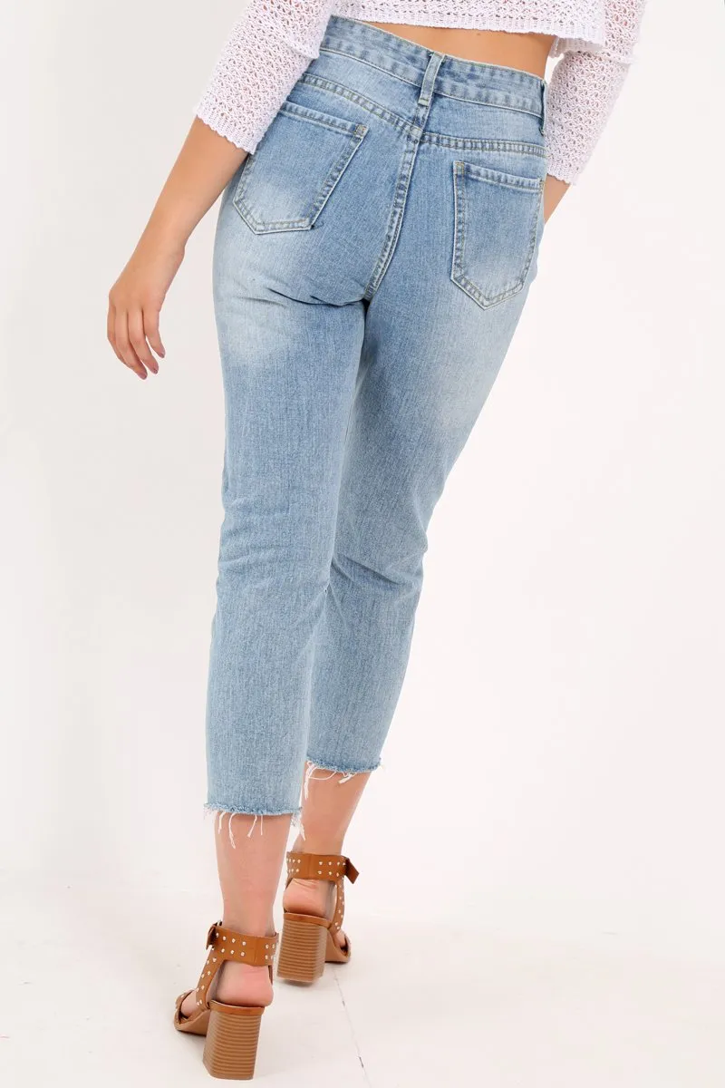 Light Wash Denim Frayed Hem Mom Jeans - Meena
