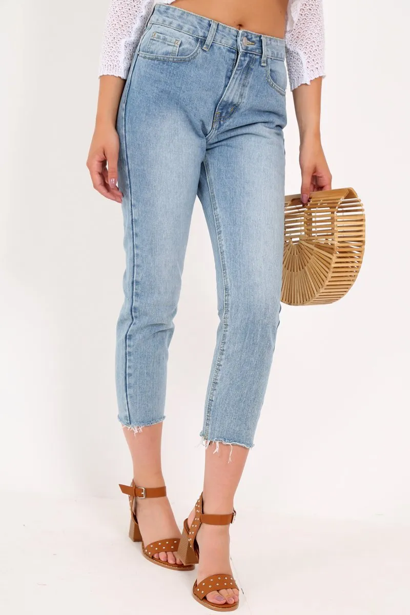 Light Wash Denim Frayed Hem Mom Jeans - Meena