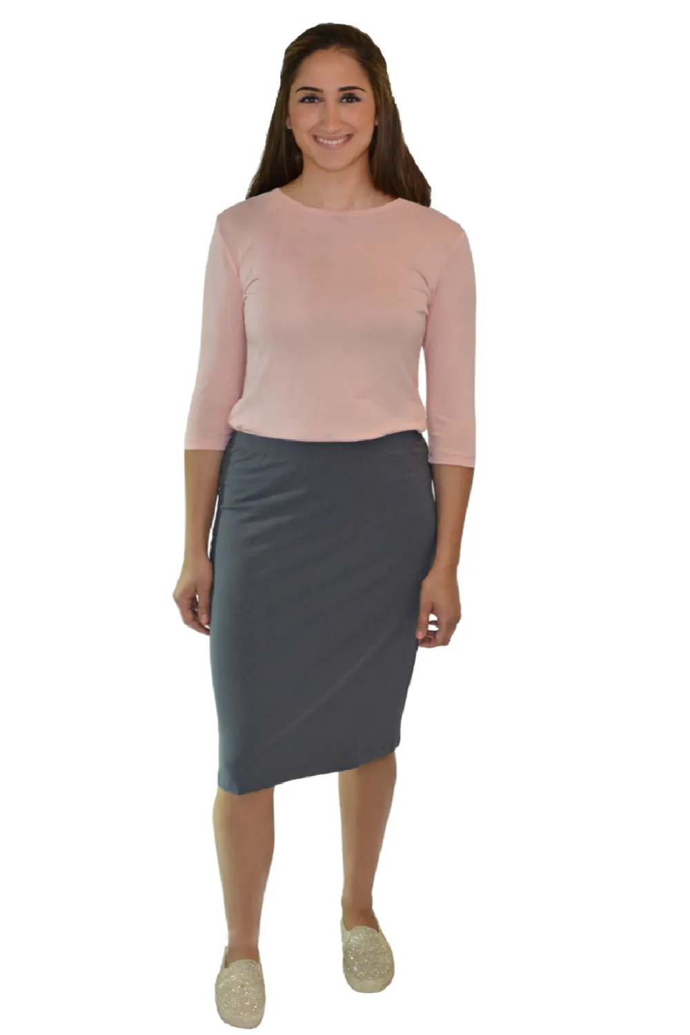 Lightweight Knee-Length Jersey Knit Pencil Skirt with Elastic Waist