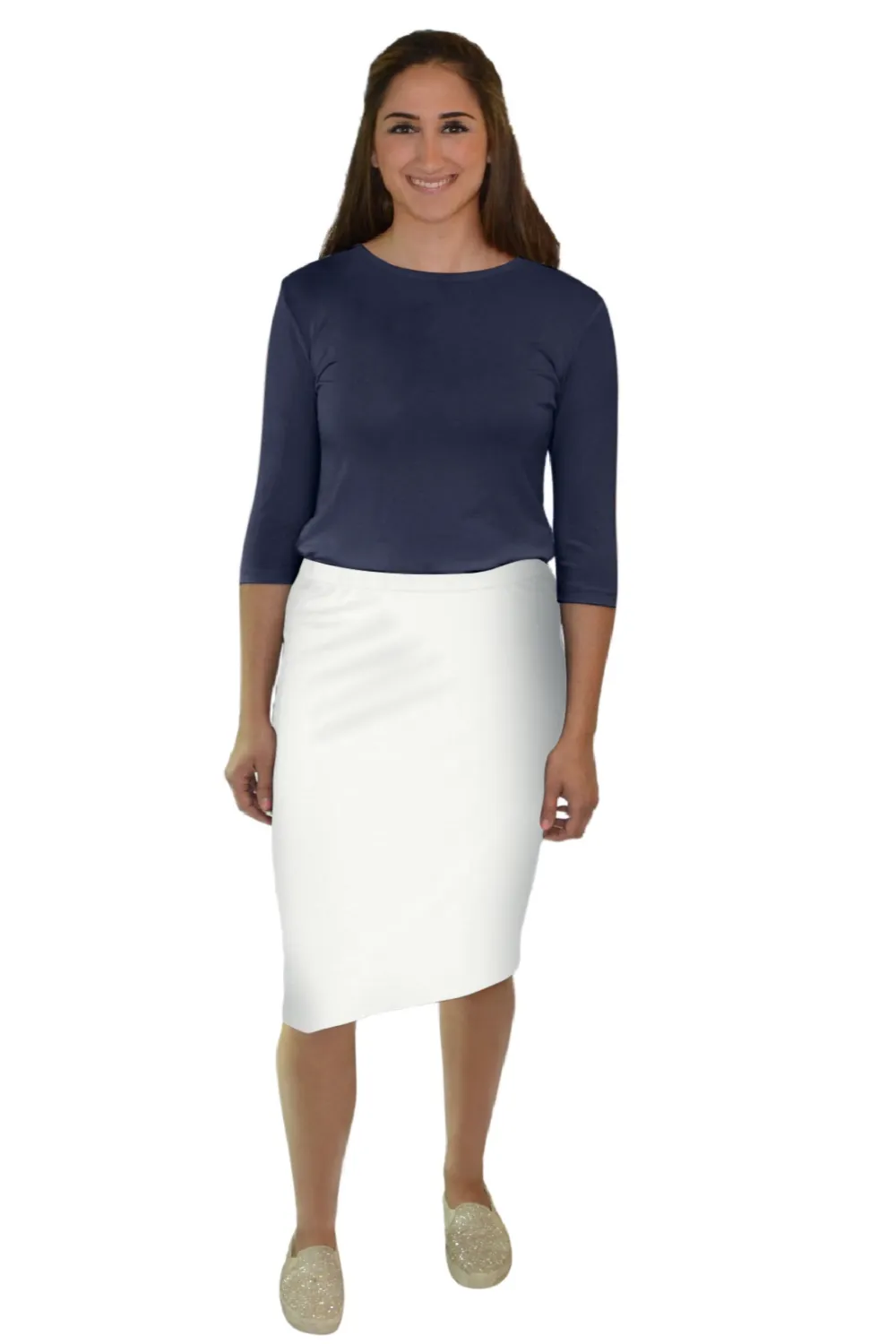 Lightweight Knee-Length Jersey Knit Pencil Skirt with Elastic Waist