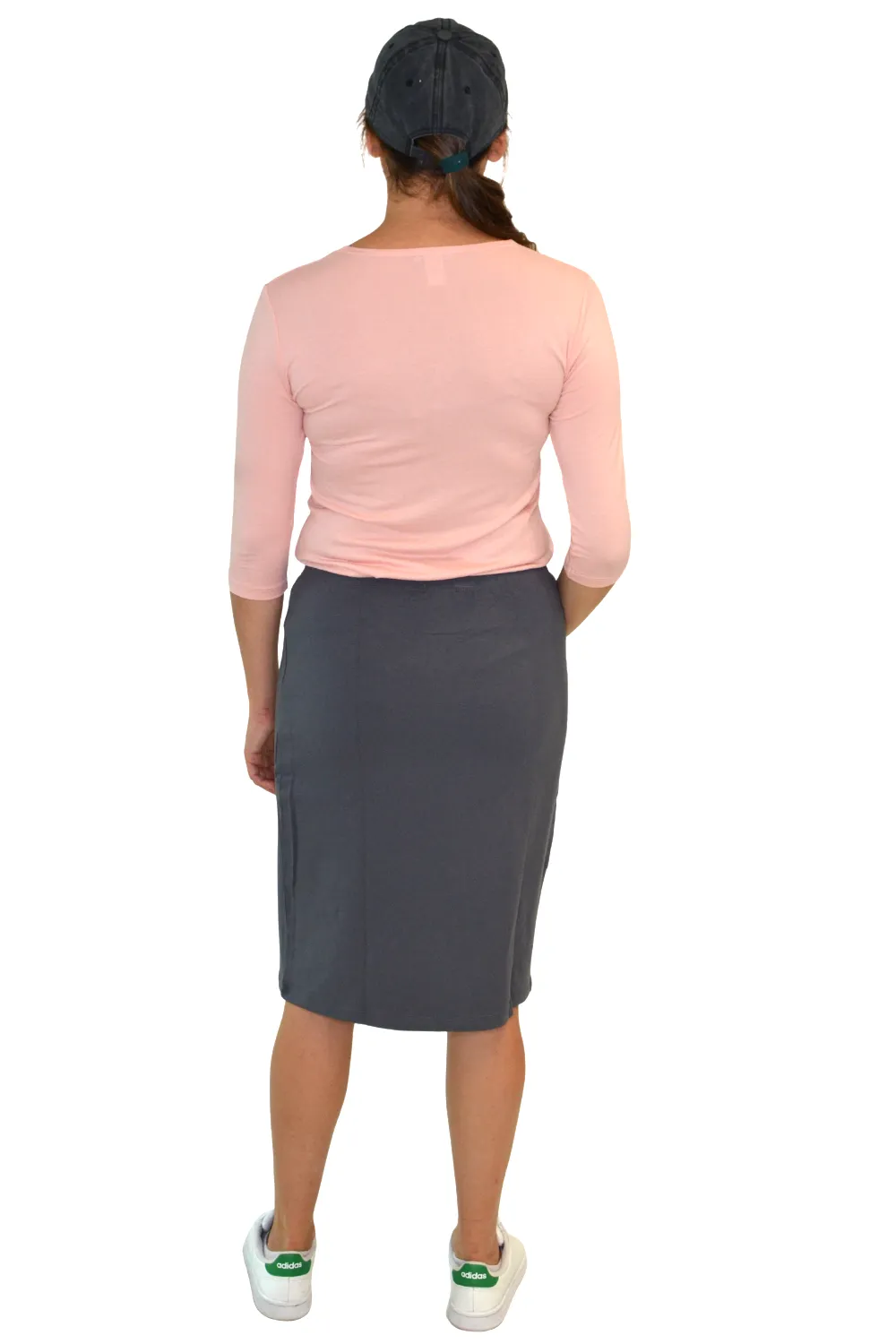 Lightweight Knee-Length Jersey Knit Pencil Skirt with Elastic Waist