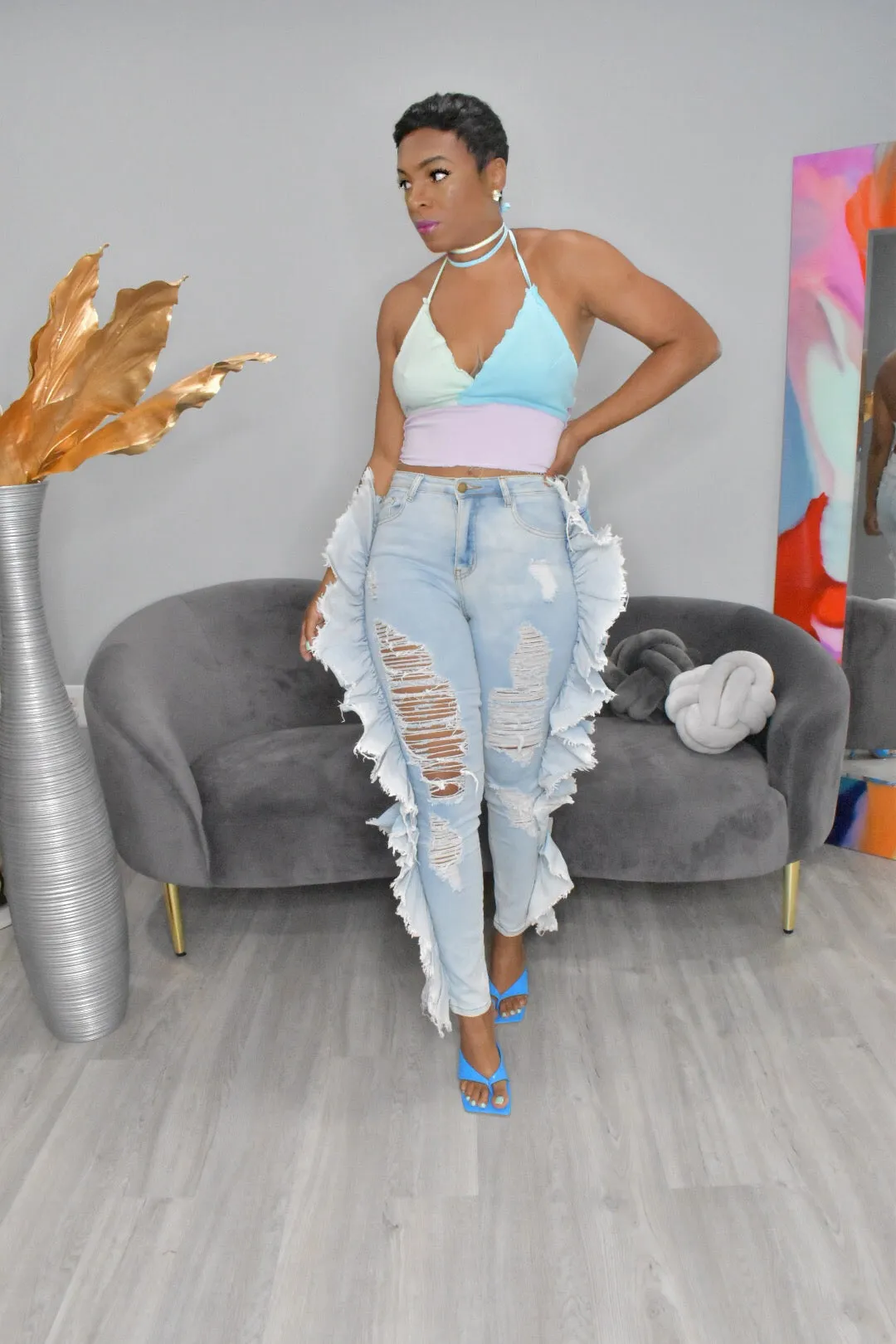 Lila Light Denim Ruffled Jeans
