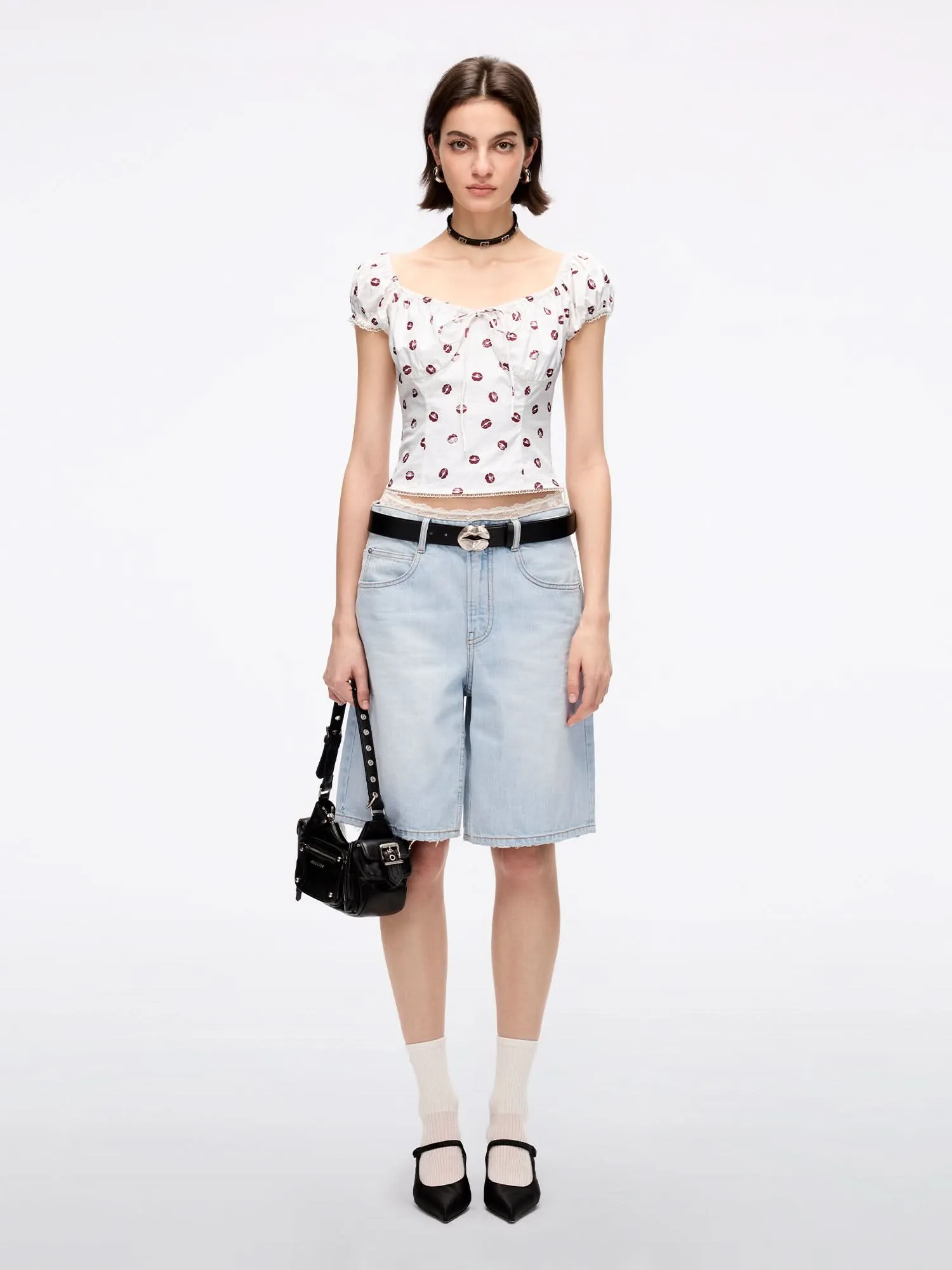 Lip Print Cropped Shirt