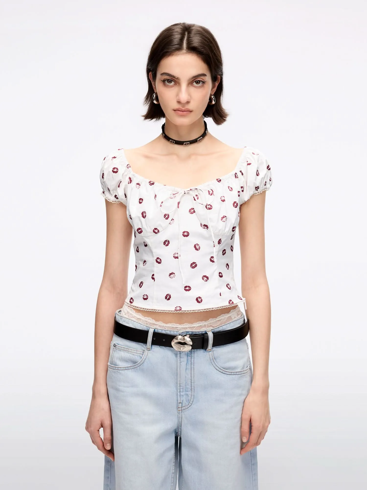 Lip Print Cropped Shirt