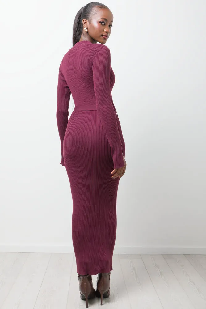 Long Sleeve Belted Dress Burgundy