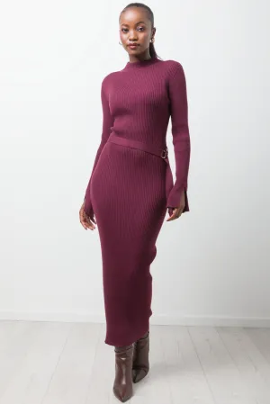 Long Sleeve Belted Dress Burgundy