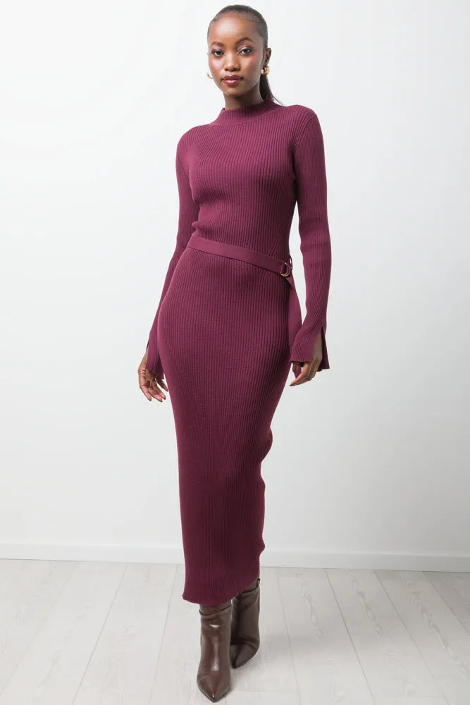 Long Sleeve Belted Dress Burgundy