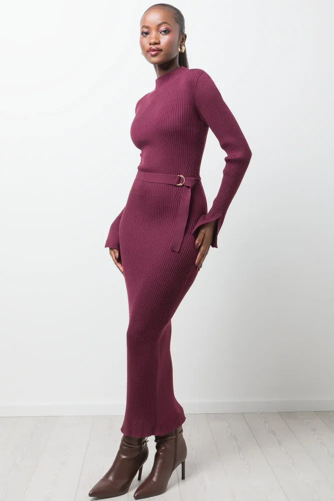 Long Sleeve Belted Dress Burgundy