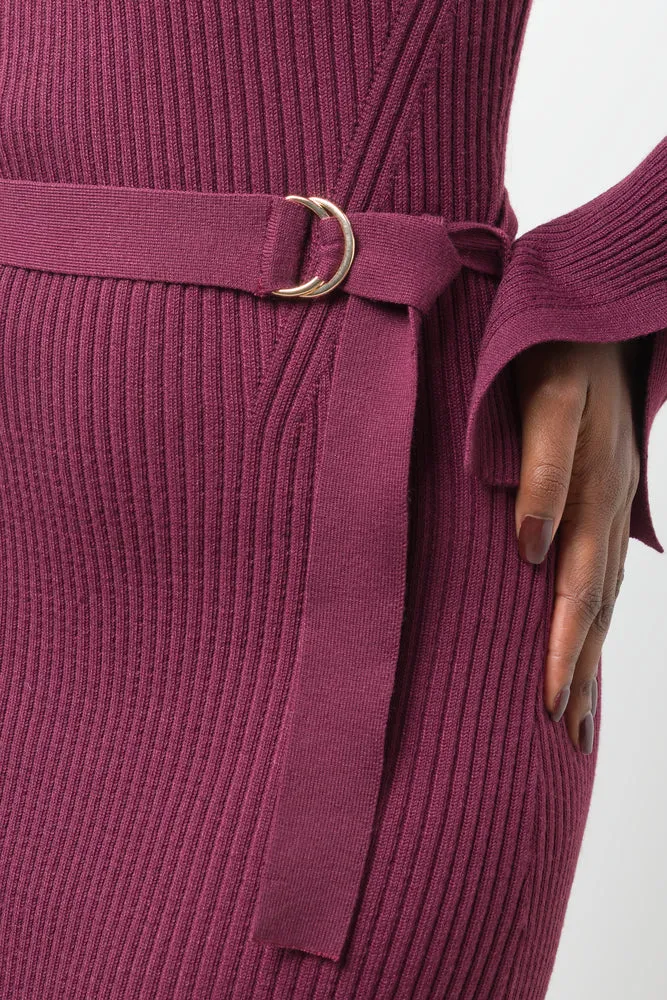Long Sleeve Belted Dress Burgundy