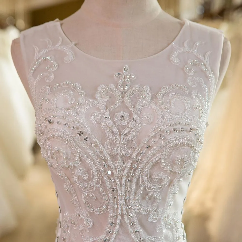 Long Wedding Dress, Hot Sale Wedding Dress, Lace Bridal Dress, Sleeveless Wedding Dress, Beading Wedding Dress with Chapel Train, Tulle Wedding Dress, Applique Wedding Dress, LB0375