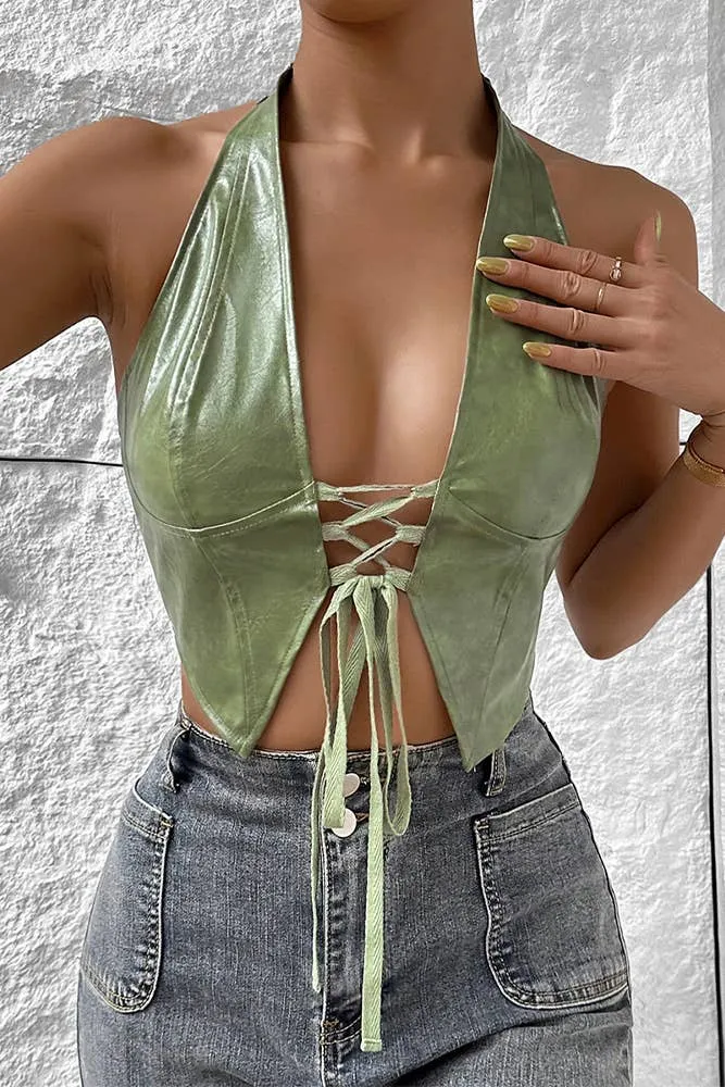 Low Cut Cardigan Halter Tie PU Leather Corset Top GZCY07