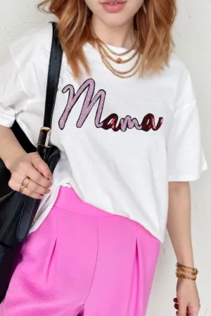 MAMA Sequin Round Neck Short Sleeve T-Shirt