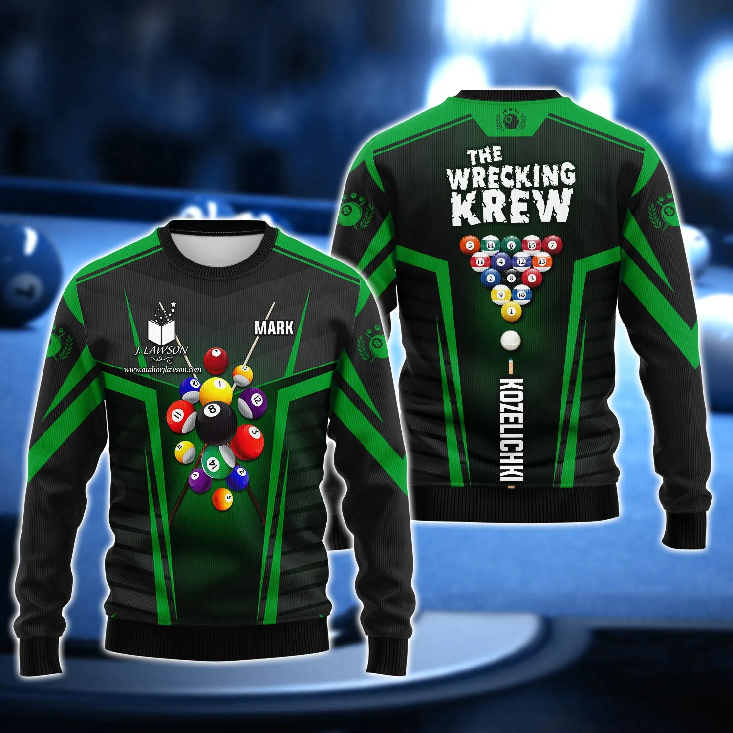 MARK KOZELICHKI, The Wrecking Krew Team In Green Billard Balls 3D Shirt - QB95