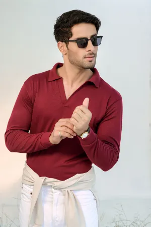 Maroon Full Sleeves Open Collar Structured Polo Shirt