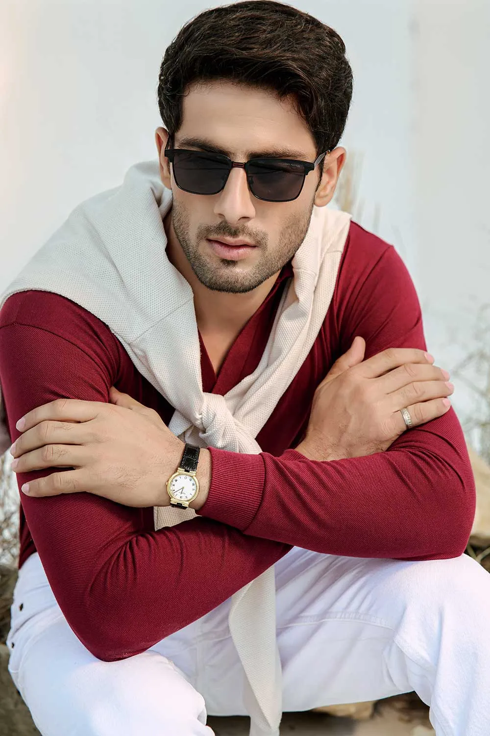 Maroon Full Sleeves Open Collar Structured Polo Shirt