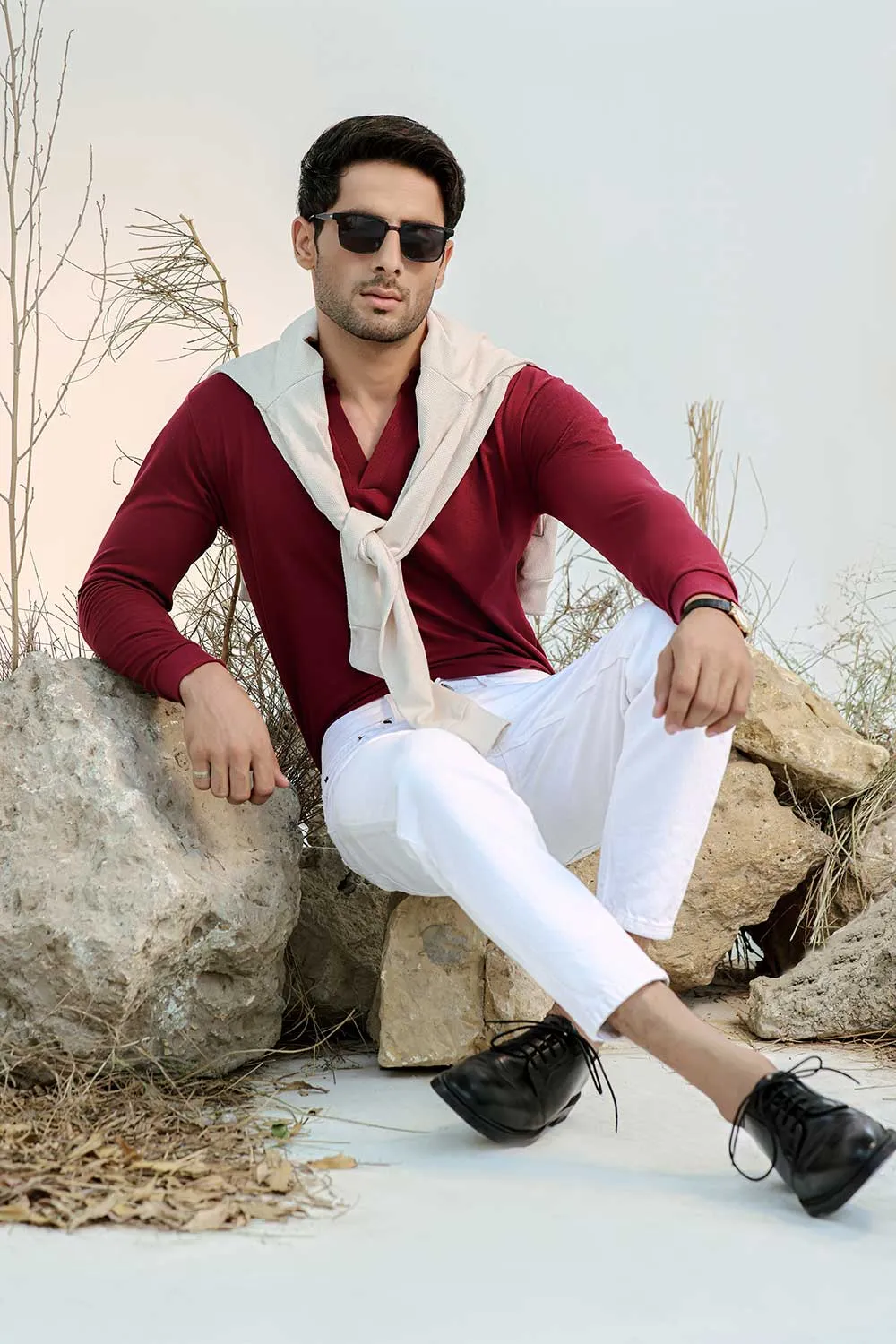 Maroon Full Sleeves Open Collar Structured Polo Shirt