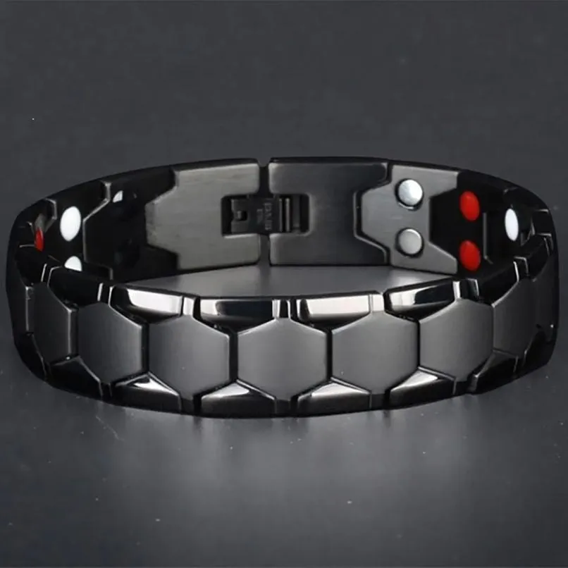 Men's Black Stainless Steel Magnetic Therapy Bracelet for Health and Well-being