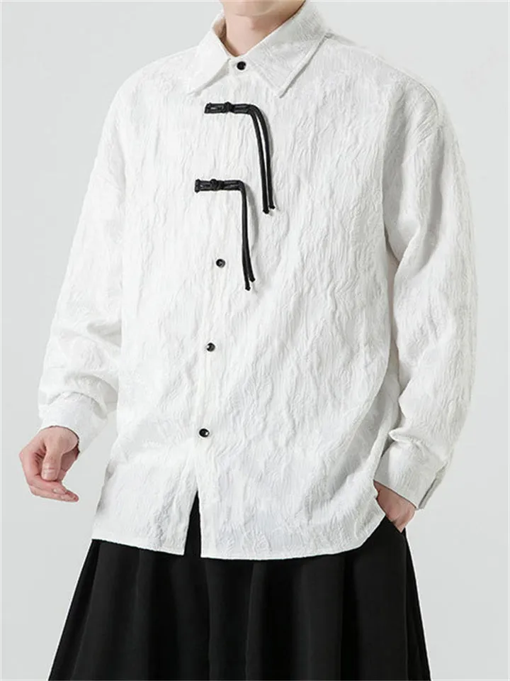 Men's Chinese Style Jacquard Long Sleeve Lapel Collar Shirt