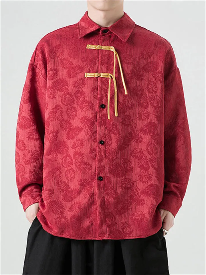 Men's Chinese Style Jacquard Long Sleeve Lapel Collar Shirt