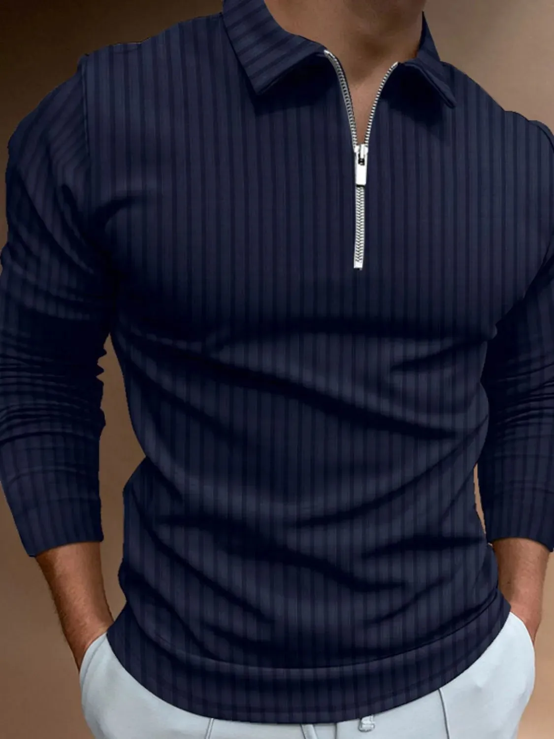 Men‘s Full Size Collared Neck Long Sleeve Polo Plus Size