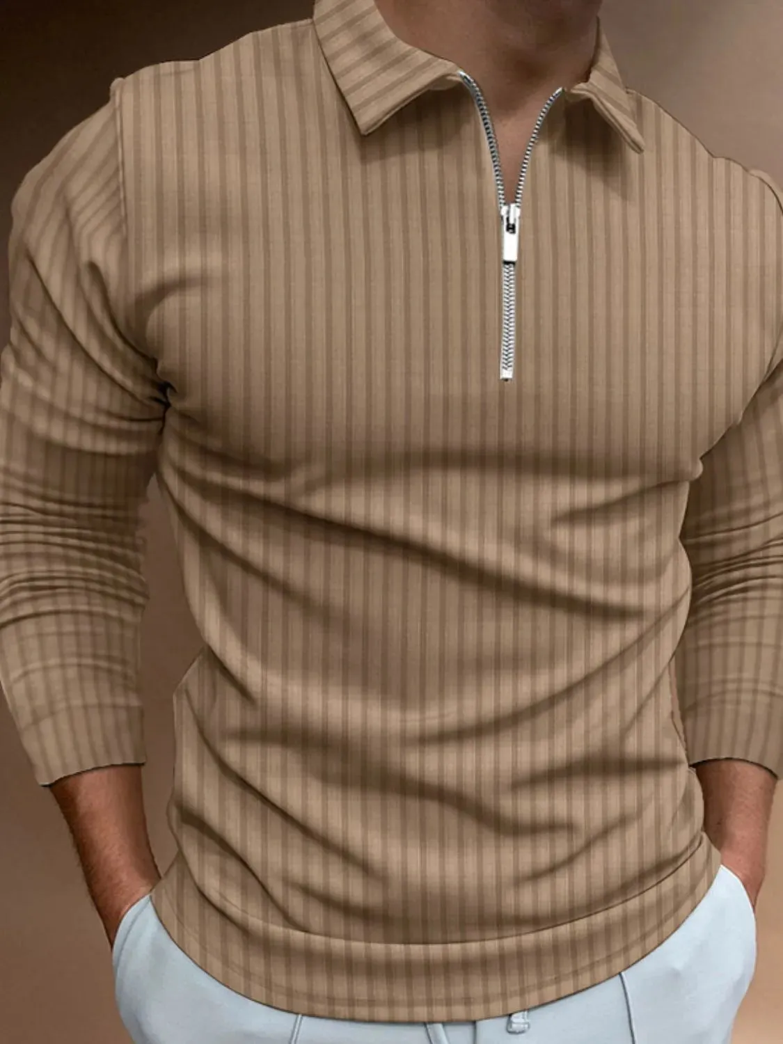 Men‘s Full Size Collared Neck Long Sleeve Polo Plus Size