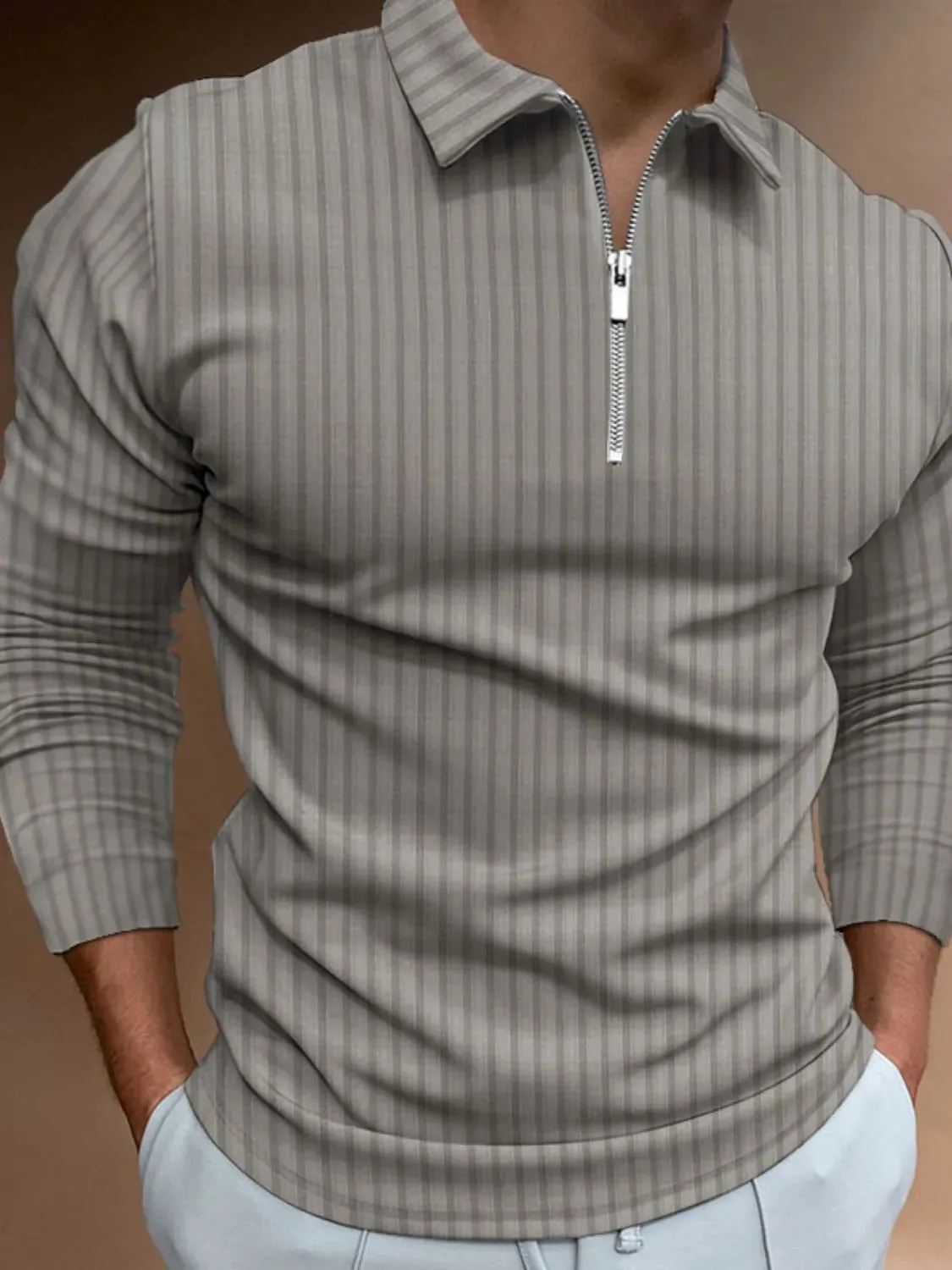 Men‘s Full Size Collared Neck Long Sleeve Polo Plus Size