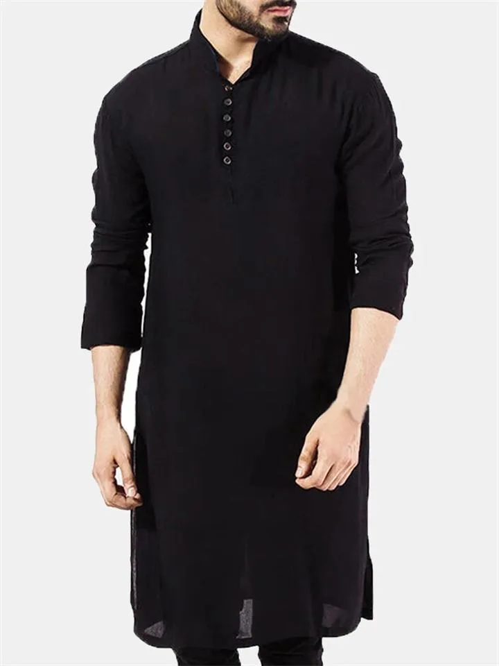 Men's Indian Traditional Kurta Solid Color Cotton Long Shirts Ethnic Outfits