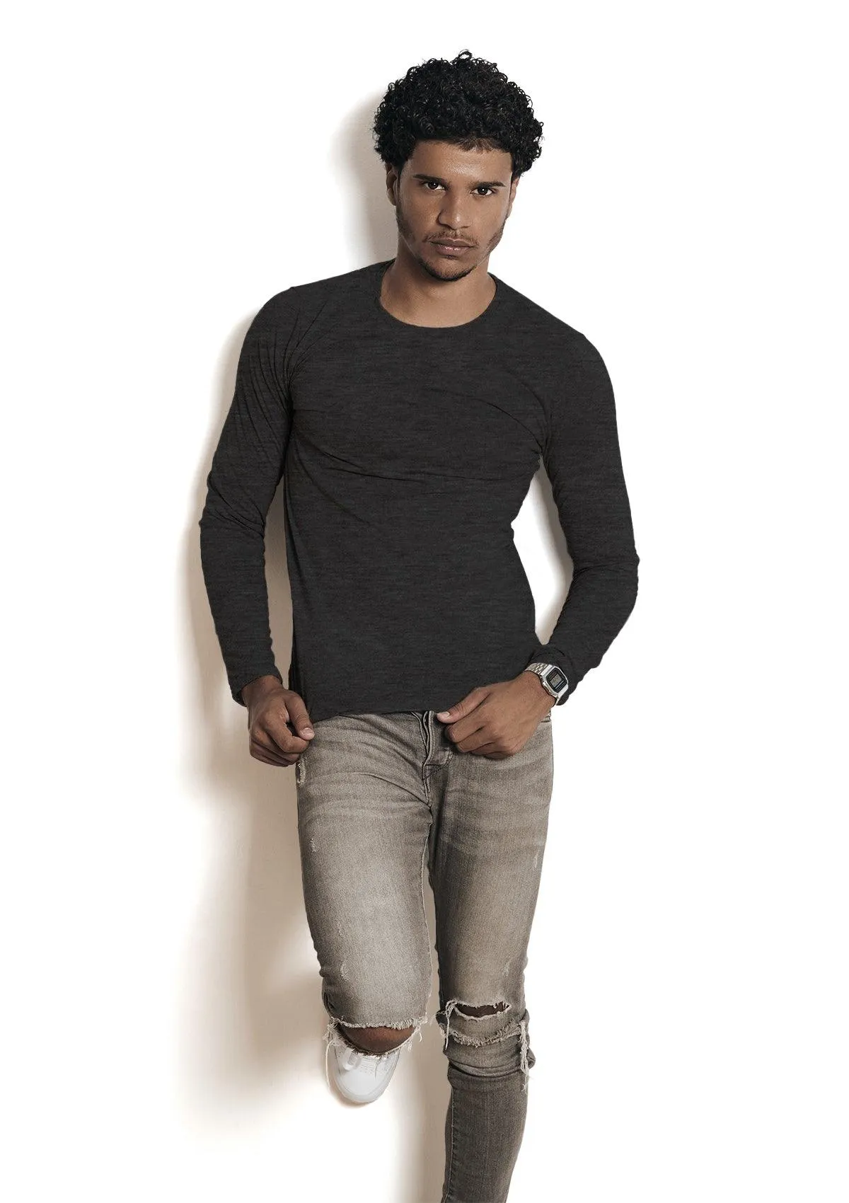 Men's Long Sleeve Crew Neck T-Shirt Black Gray Heather