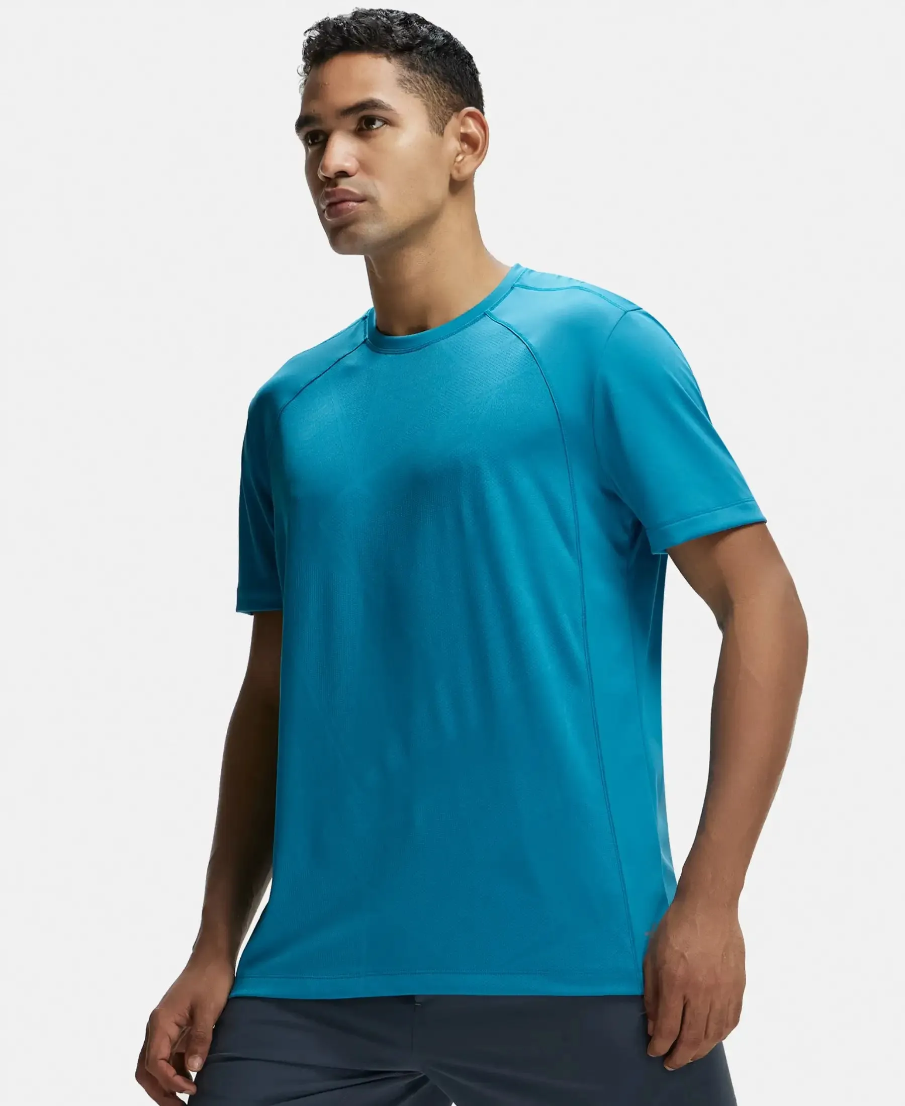 Microfiber Fabric Round Neck Half Sleeve T-Shirt with Breathable Mesh - Caribbean Sea