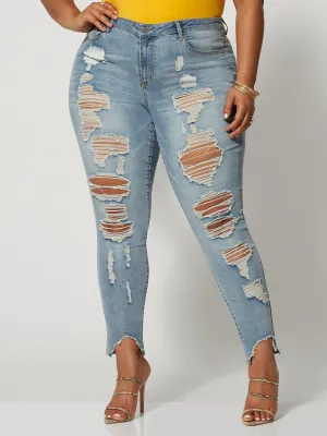 Mid-Rise All Over Destructed Skinny Jeans - Tall Inseam