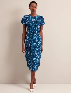 Mira Silk Midi Dress - Navy Yellow Trailing Floral Print