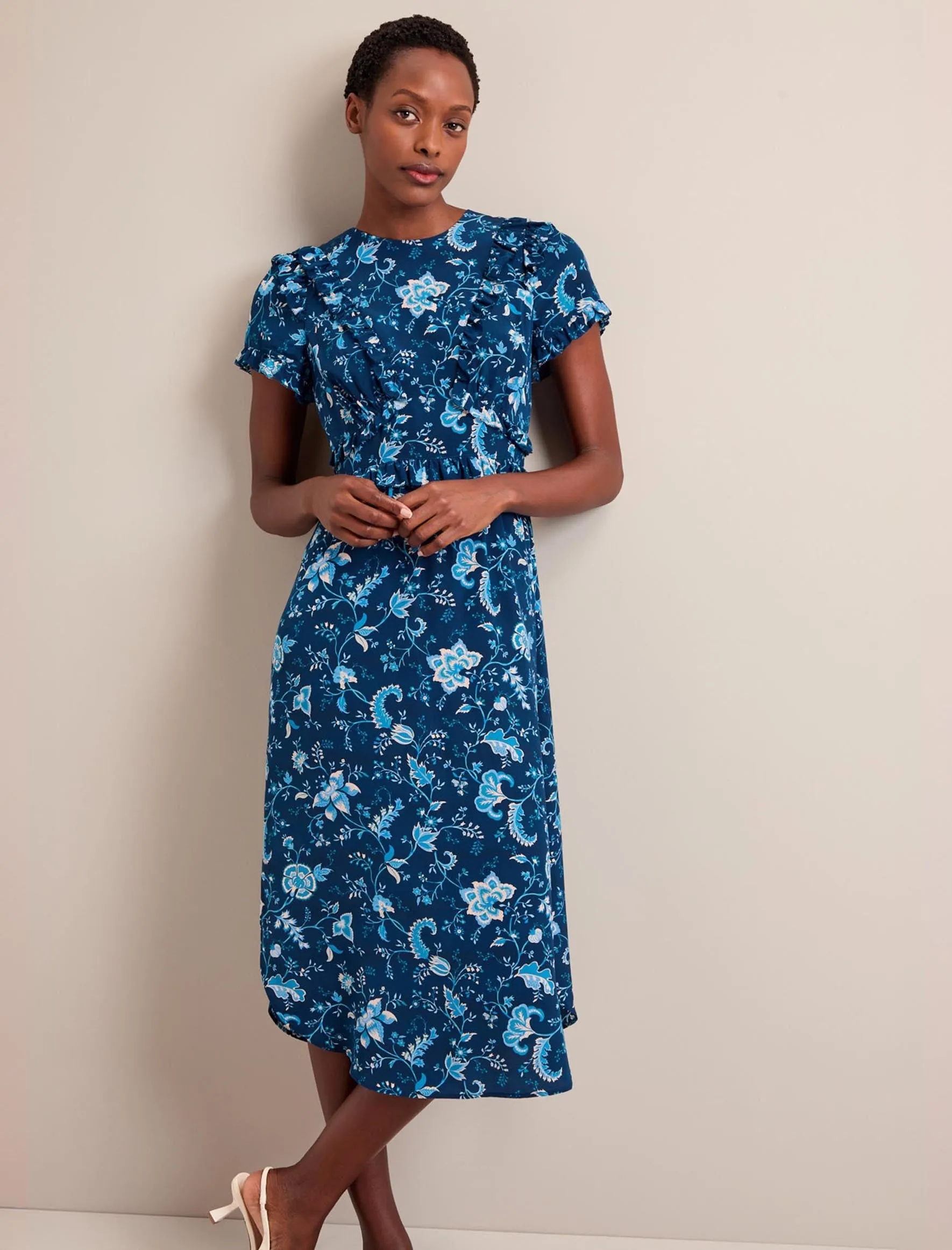 Mira Silk Midi Dress - Navy Yellow Trailing Floral Print