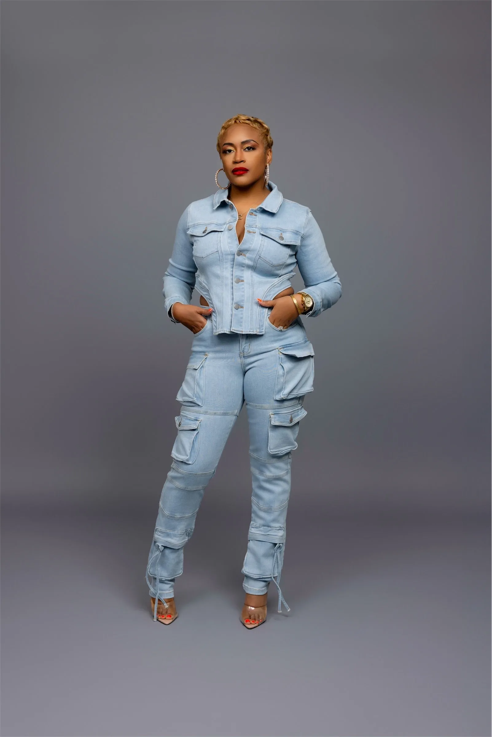 Motto Cargo Jean Set - Light Wash