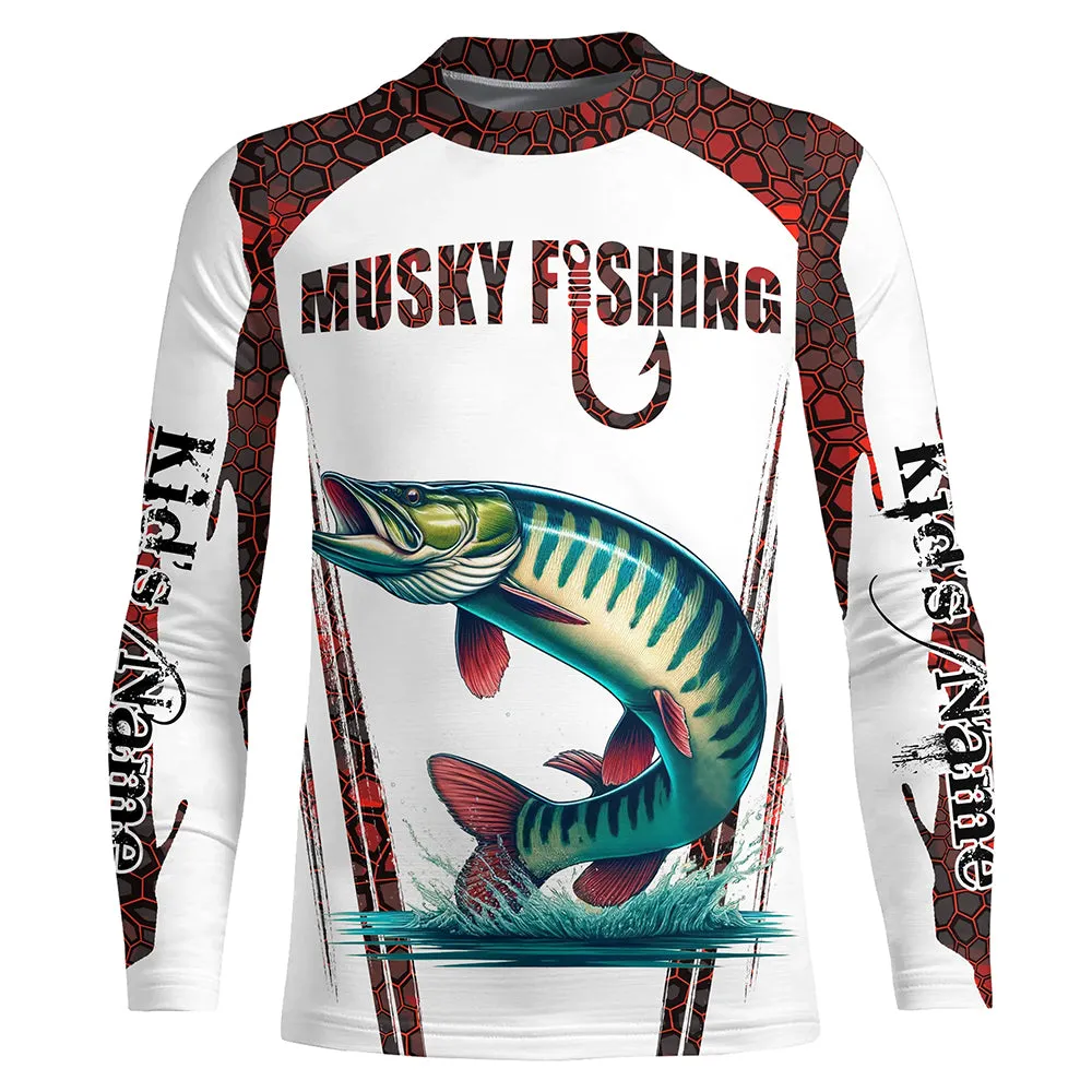 Musky fishing red camo Custom Name UV Protection long sleeve Fishing Shirts for Kid NQS5167