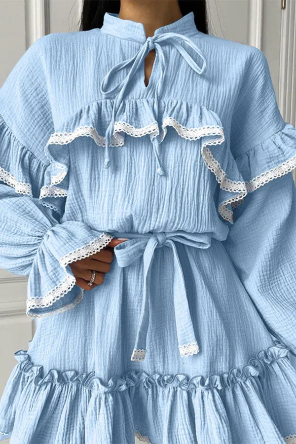 namcoverse Hit Color Smart Ruffled Lace Patchwork Lace-Up Mini Dress