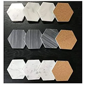Natural Stone Real Italian Marble Hexagonal Coasters with Cork Backing (10, CARRARA WHITE)