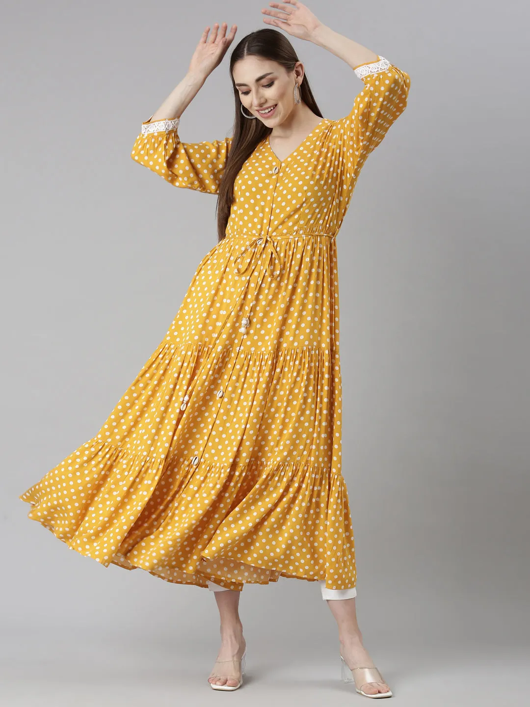 Neeru's Mustard Straight Casual Polka Dots Dresses