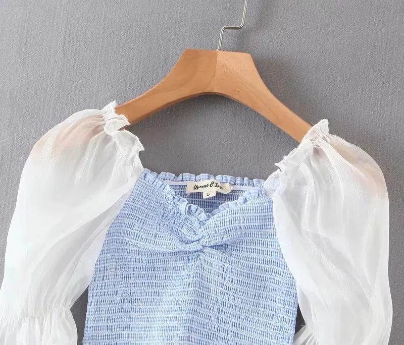 Net red shebyshj bubble sleeve shirt women's pleated elastic waist top small fresh shirt