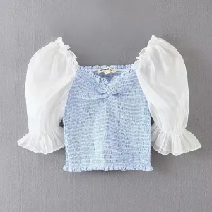 Net red shebyshj bubble sleeve shirt women's pleated elastic waist top small fresh shirt