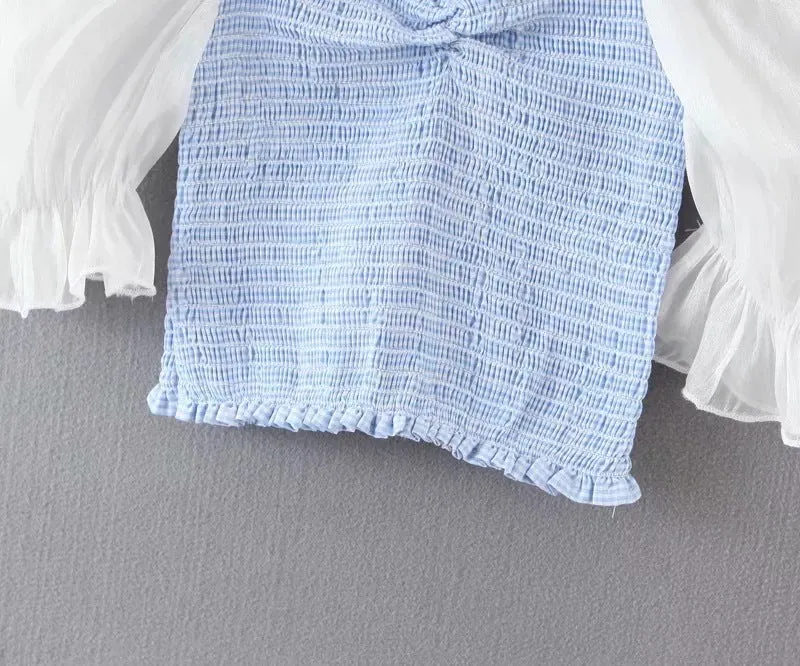 Net red shebyshj bubble sleeve shirt women's pleated elastic waist top small fresh shirt