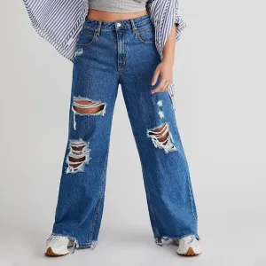 NEW Free People Sapphire Blue CRVY Destructed Straight Leg Jeans 27