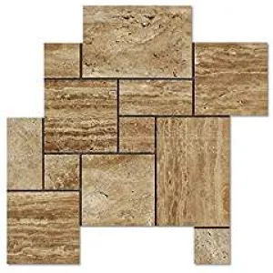 Noce Vein-Cut Travertine Opus Pattern Mosaic Tile, Polished (LOT of 5 SHEETS)