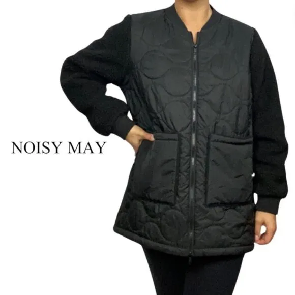 Noisy May Urban Quilted Sherpa Bomber Jacket Black - Size Large