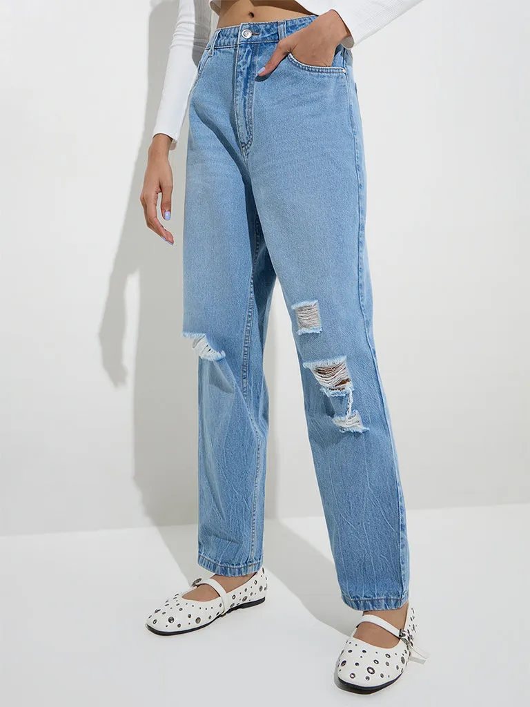Nuon Blue Distressed Relaxed - Fit High - Rise Jeans