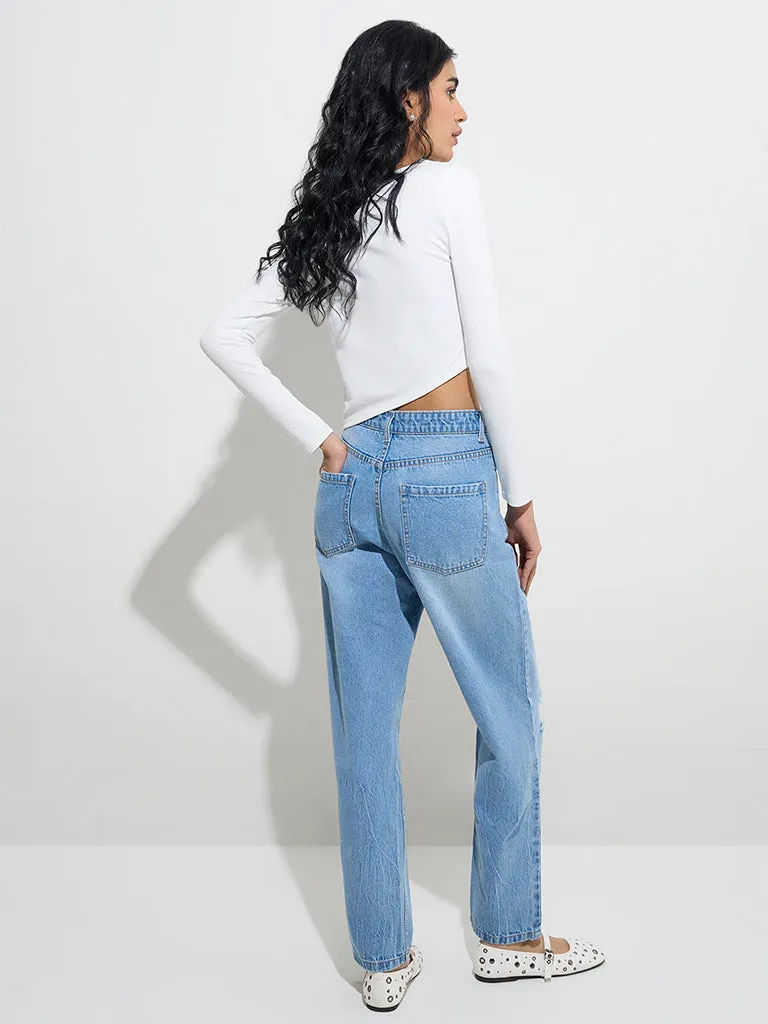 Nuon Blue Distressed Relaxed - Fit High - Rise Jeans