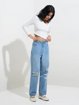 Nuon Blue Distressed Relaxed - Fit High - Rise Jeans