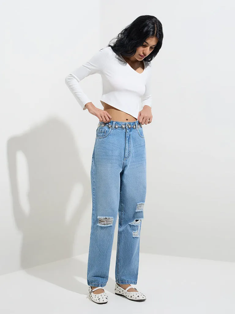 Nuon Blue Distressed Relaxed - Fit High - Rise Jeans