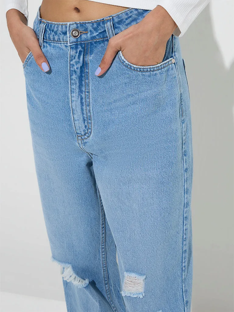 Nuon Blue Distressed Relaxed - Fit High - Rise Jeans