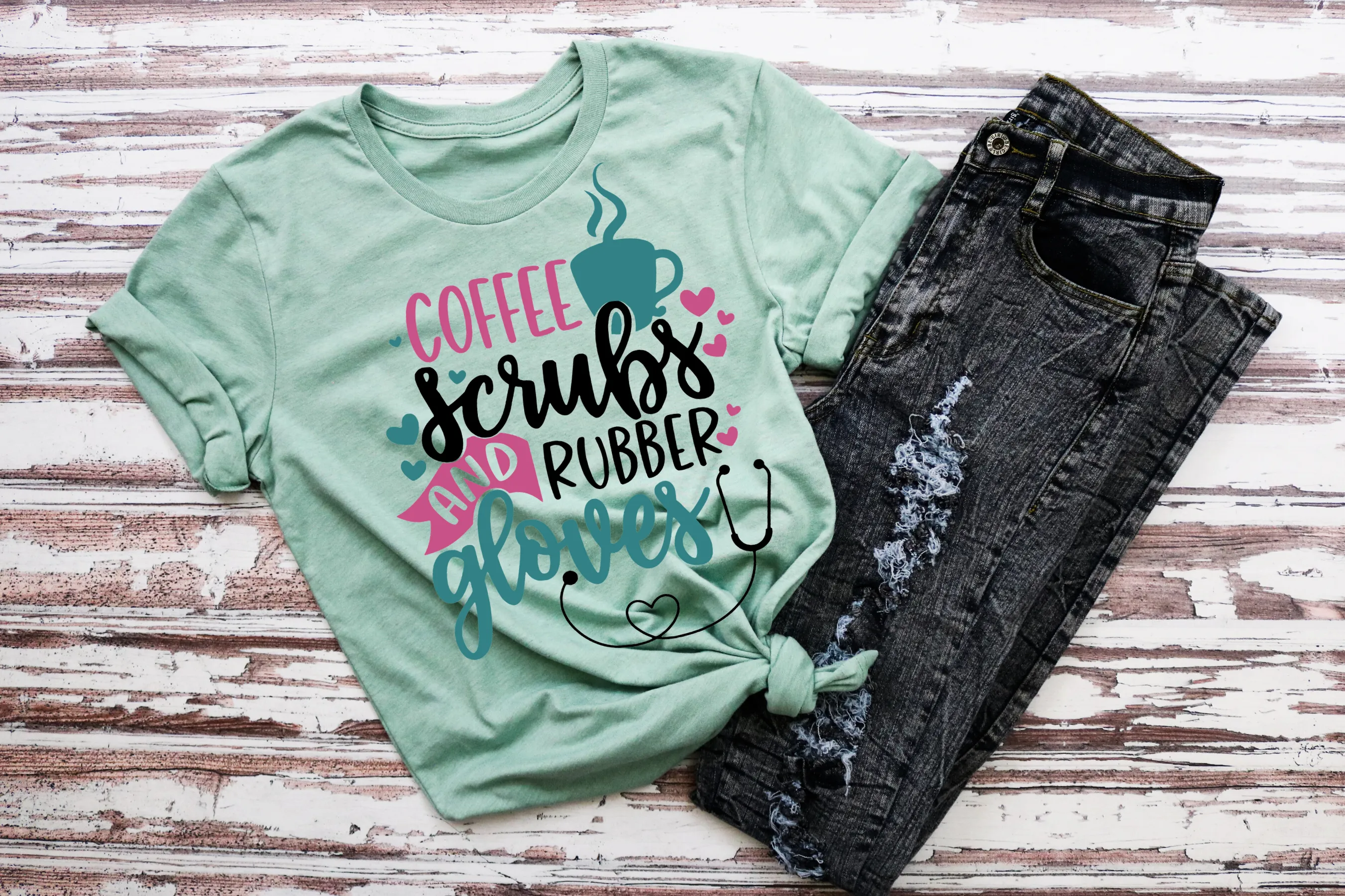 Nurse Shirt, Coffee Scrubs and Rubber Gloves