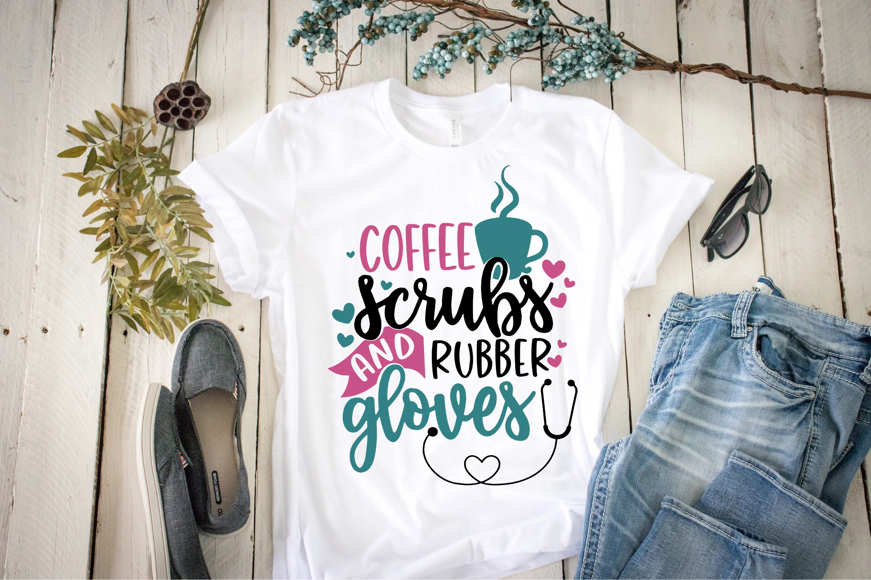 Nurse Shirt, Coffee Scrubs and Rubber Gloves